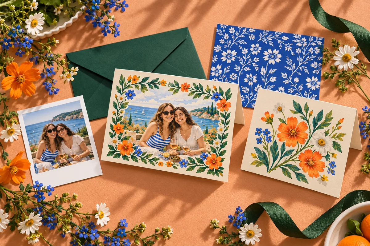 Landscape greeting cards with botanical artwork, standing open along their top folds